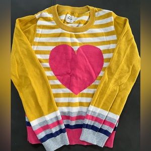 Boden girl 9-10 yellow white stripe heart sweater